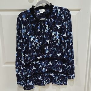 Tru Luxe Jeans Navy & Light Blue Abstract Tie-Neck Long Sleeve Top